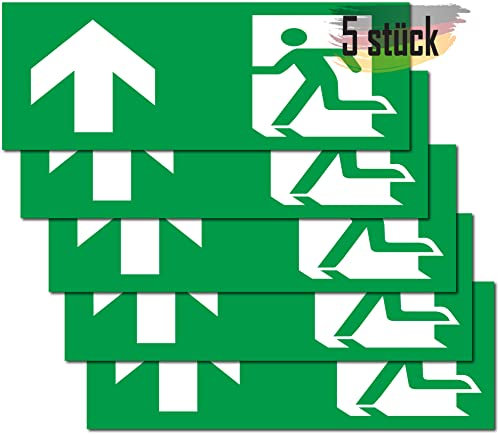 Lot de 5 autocollants de qualité supérieure,24 cmx9 cm,Panneau de sortie d'urgence,Pour panneau d'information, chemin de sauvetage, chemins de fuite, sortie d'urgence, marquage de sécurité (flèche)