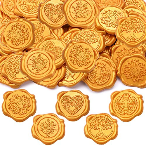 50 Stück Klebende Wachs Siegel Aufkleber Umschlag Siegel Aufkleber Vintage Geprägte Aufkleber Gold Hochzeit Etiketten für Umschläge Einladungen Geburtstag Bridal Shower Party, 5 Muster