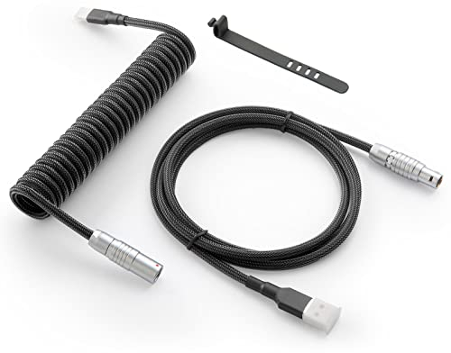 GUNMJO Pro Custom Coiled USB C Cable for Gaming Keyboard, Double-Sleeved Mechanical Keyboard Cable with Slim Type Detachable Metal Aviator, 1.5M USB-C to USB-A, Carbon Black Color
