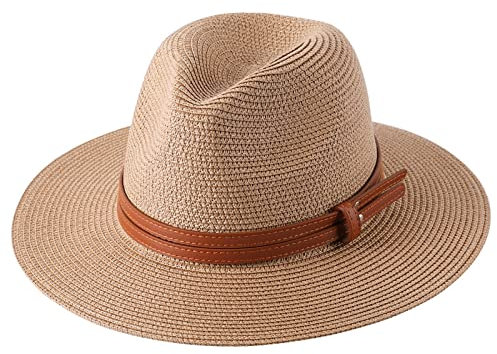 MCHDMI Chapeau De Paille, Chapeau de Plage à Large Bord Protection UV Grande Taille Panama Chapeau de Soleil été Chapeau de Paille Femmes Hommes 60cm Chapeau Fedora Pliable (Color : Khaki, Size : L