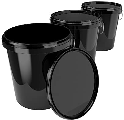3X Cubo con tapa de 16 litros negro - apto para alimentos, hermético y estable, cubo vacío con asa y tapa de cierre para alimentos, productos químicos, pintura de pared, detergente en polvo, adhesivos