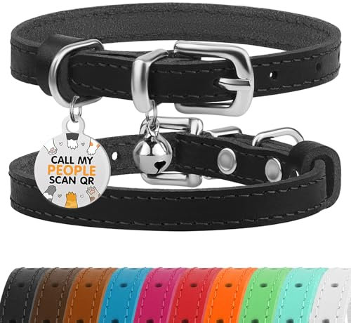 BRONZEDOG Katzenhalsband aus Leder mit Glöckchen, Nicht abreißbar, QR-Tag für Mädchen und Jungen (Schwarz und Silber, 18-23 cm)