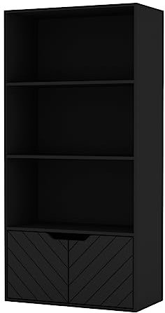 URBNLIVING 4 Tier Wooden Bookcase Cupboard w/Line Doors Storage Shelving Display Cabinet Black Line Doors Black Pack of 2