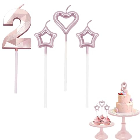 2nd Birthday Candle Rose Gold Number 2 Candle for Birthday Cake with Heart-Shaped Candles, Rose Gold 2 Candle for Cake Birthday Cake Topper Decorations for Girls Birthday Wedding Anniversary Party