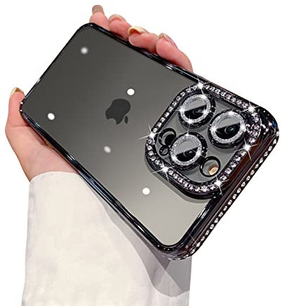 Ownest Compatible with iPhone 15 Pro Max Case,Sparkle Diamond Camera Len Protector Glitter Clear Case,Crystal Bling Cute Aesthetics Phone Case for iPhone 15 Pro Max - Black