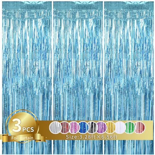TONIFUL 3Pcs Light Blue Door Streamers,Light Blue Photo Booth Backdrop 3.28ft x 6.56ft Metallic Streamers Foil Fringe Curtains for Birthday,Christmas,New Year,Bachelorette,Grad Party Streamers Decor