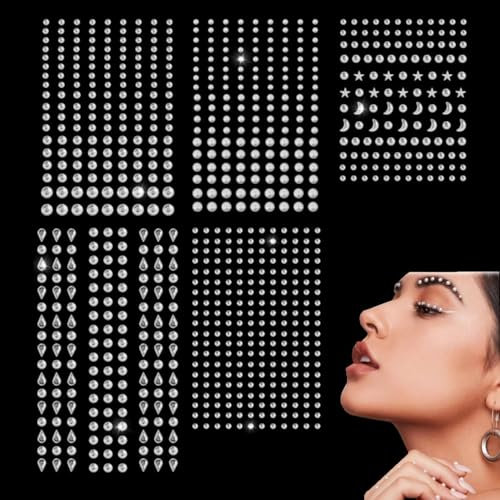 JJiaoLinin Self Adhesive Bling Clear Rhinestone Stickers,850 PCS Clear Rhinestones Stickers Self Adhesive Bling Gems Jewels Stickers DIY Diamond Gems Stickers for Crafting, Face Makeup, Festivals