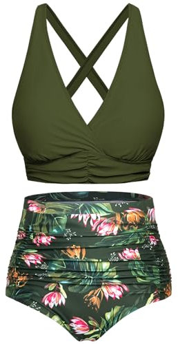 Svanco Costume da Bagno Due Pezzi Donna Top Bikini Incrociato Slip A Vita Alta E Increspato Set Bikini Push Up Donne Costumi da Bagno Verde Oliva XXL