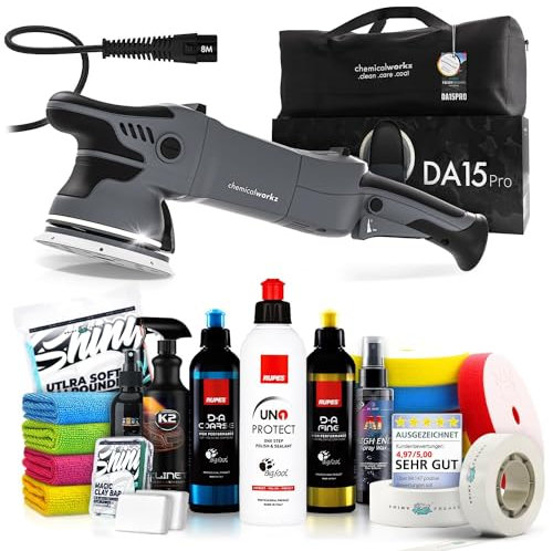 Poliermaschinen Set: chemicalworkz DA15 Pro Exzenter Poliermaschine + Rupes Politur Set + Royal Pads Premium Polierpads + Dr. Wack Versiegelung für Lack + Zubehör | 20-teilig