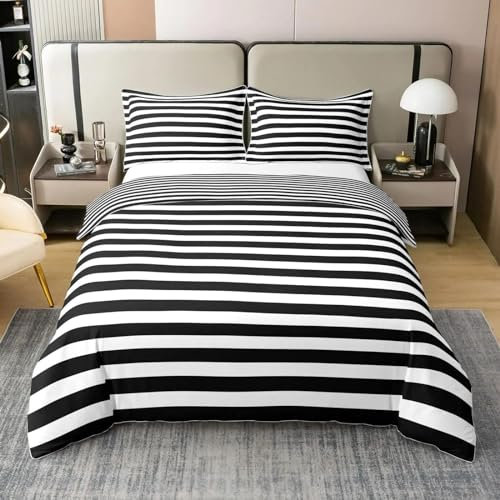 Schwarz-weiß gestreiftes Bettbezug-Set, minimalistisches, weiches Schlafzimmer-Dekor, Bettwäsche-Set mit Kissen, King-Size-Queen-Bettbezug 135 x 200 cm/80 x 80 cm x 2