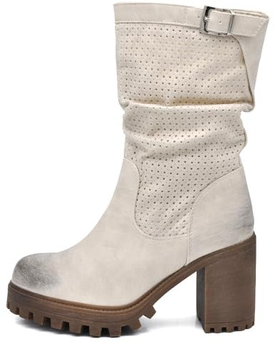 IF FASHION Stivaletti Strivali Tronchetti Aricciati Con Tacco Grosso Plateau Pelle Sintetica Da Donna G675 beige N.41