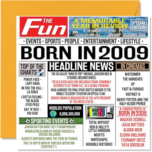Geburtstagskarte zum 15. Geburtstag für Jungen und Mädchen – Born in 2009 Zeitung – Happy 17 Geburtstagskarte für Sohn, Tochter, Cousin, Vintage, Retro, Back in 2009, 145 mm x 145 mm, 145 mm x 145 mm