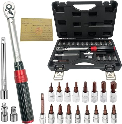 Beasert Drehmomentschlüssel Fahrrad & Motorrad, 21tlg 2-24 Nm Drehmomentschlüssel 1/4 Zoll Drive Klick Set, Torque Wrench Steckschlüsselsatz für Fahrrad und Motorrad Wartung