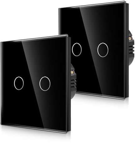 CNBINGO Touch - Juego de 2 interruptores de pared empotrados en color negro - Interruptor de luz doble con LED de estado y panel de cristal - 2 interruptores de pared - par solo con esta serie de
