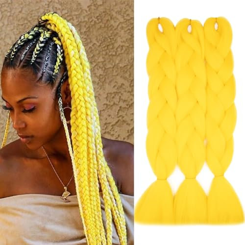 Dcbaboo Braids Extensions Kunsthaar zum Einflechten 3 Stücke Ombre Braiding Hair Kanekalon Haare zum Einflechten Haarverlängerung Zöpfe Afro Crochet Box Braids Flechten 300g, Gelb