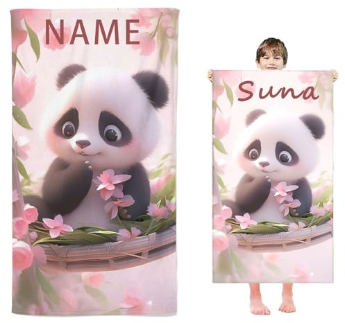 Fadaing Personalisiert Panda Strandtuch mit Namen, 3D Personalisierte Mikrofaser Strandtuch Groß 70x140cm Badetuch Cartoon Panda Strandtücher Panda für Strand (100 x 200 cm,1)