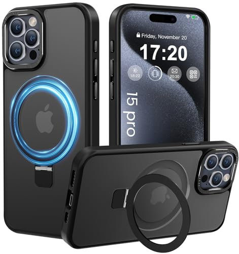 PuyaTeya Magnetic Stand for iPhone 15 pro Case, Compatible with Mag-Safe, Military Drop Protection, Anti-scratch/fingerprint Translucent Matte iPhone 15 pro Phone Case(Black)