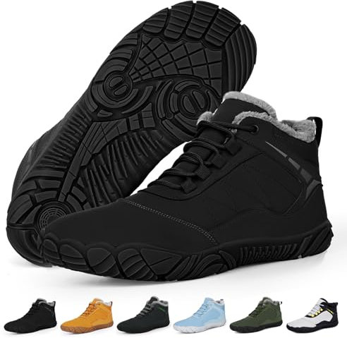 RUYI Unisex Winter Barefoot Shoes, Warm Lined, Water-Repellent, Non-Slip Sole, Wide Toe Box, Black, 8 UK