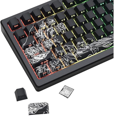 Black Kanagawa PBT keycaps,Side Printed keycaps60 75 Percent,Shine Through Keyboard caps,Double Shot dye-sub Key Cap,Cherry Profile keycaps for Mechanical Keyboard(136 Key,only keycaps)