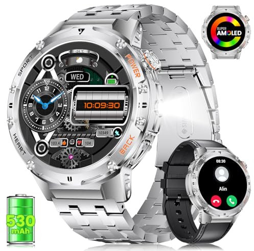LIGE Smartwatch Herren Militär-LED Taschenlampe/530mAh großer Akku,1.43'' HD AMOLED Sportuhr mit 132 Sportmodi,IP68 Wasserdicht Fitnessuhr Herren für Android iOS (EF7-L-Silberner Stahl)