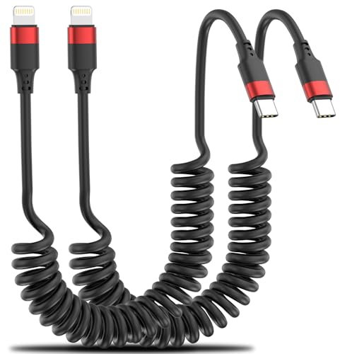 Coiled USB C to Lightning Cable 2Pack, Sprial USB C iPhone Charger Cable, Type C to Lightning Cord for iPhone 14 13 12 11 Pro Max Mini XR XS 8 Plus SE, Coiled USB C Apple Carplay Cable for Car