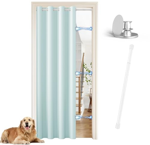 JCyh Türvorhang mit Stange und Magnetknopf, Vorhang Blickdicht mit Ösen für Wohnzimmer, Tür Vorhang innen ohne Bohren, Türvorhang Himmelblau + Teleskopstange Weiß 70-128 cm