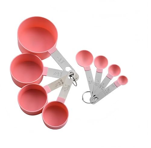 8 Pcs Measuring Cups and Spoons Set, Includes 4 Stainless Steel Nesting Measuring Cups & 4 Mini Measuring Spoons,Stackable Handle Accurate Tablespoon for Measuring Dry and Liquid Ingredients(Pink)