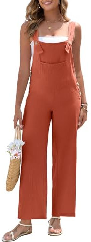 HOTIAN Salopette da donna in lino, estivo, elegante, in lino, lungo, casual, con grandi tasche, Colore: rosso, XL