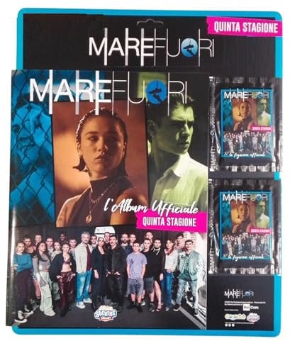 PRESTIGE & DELUXE Album figurine Mare Fuori quinta stagione - Nuova collezione 2025 con 2 bustine da 5 figurine + omaggio portachiave fischietto e pailettes, penna multicolore
