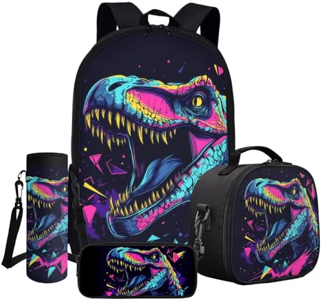 ASQVTIFE Juego de 4 mochilas escolares de 17 pulgadas, lonchera aislada, ligera, informal, para niños, Dinosaurio colorido, Taille unique