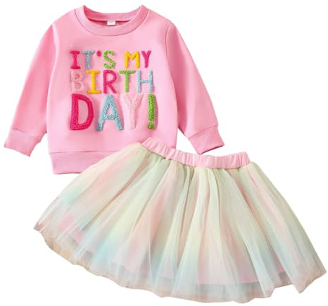 LUVCES Vestito per Compleanno Bambina Lettere Ricamo Maglietta +Colorito Tutù Gonna in Tulle 2Pcs Estivi Vestiti Set per Compleanno Bambini Bambine 1-6 Anni