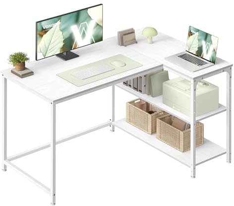 VASAGLE Eckschreibtisch in L-Form, Computertisch, 110 x 80 cm | mit Stauraum, höhenverstellbare Ablage, Regal links oder rechts montierbar, ahornweiß, BARNET Kollektion LWD135WF01