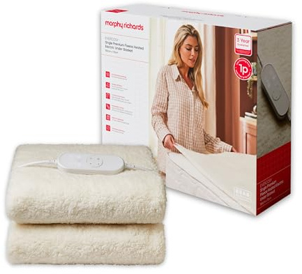 Morphy Richards EverCosy Premium Fleece Heated Electric Under Blanket, Teddy, Single, 150x70cm, 9 Settings, Adjustble Timer, 1p/hour Cost, Machine Washable, Cream, 600020