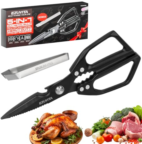 EZUVITA 5-in-1 Multifunktions-Küchenschere mit Pinzette, Haushaltsschere mit titanbeschichteten Edelstahlklingen, Spülmaschinenfest, Allzweckschere für Küche, Huhn, Geflügel, Fisch, Fleisch (Schwarz)