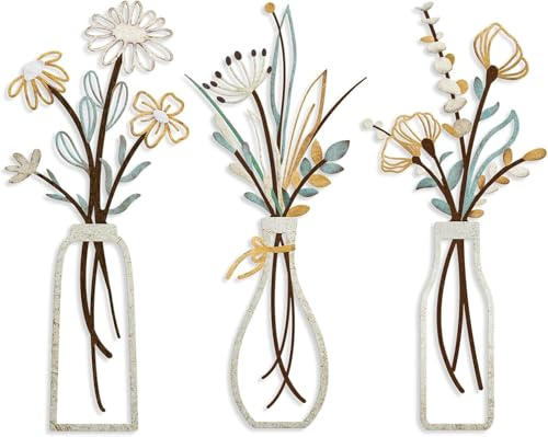 ZHXMALL 3 Stück Metall Blumen Wanddekoration,Bunte Wandskulptur,Minimalistische in Vase,Hängende Wandkunst aus Eisen für Terrasse Wohnzimmer Badezimmer Schlafzimmer Esszimmer Küche Dekorationen
