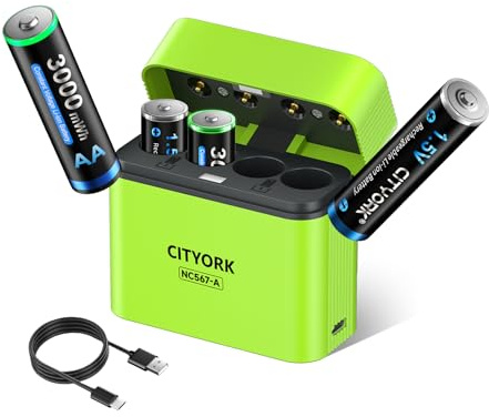 CITYORK 4 batterie al litio ricaricabili AA con caricabatterie, batteria al litio AA da 1,5 V ad alta capacità da 3000 mWh con scatola di ricarica integrata
