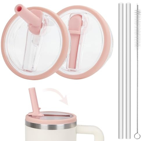 2 Stück Ersatzdeckel für Stanley 40oz/1.2L Becher, Wiederverwendbarer Stanley Cup Deckel Auslaufsicher mit 2 Trinkhalmen and 1 Strohhalm Bürste (Rosa)