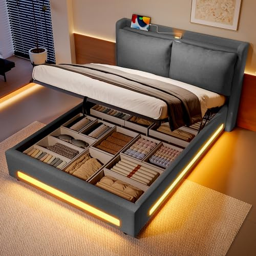 Ball & Cast 6ft Super king bed frame with storage 180×200 cm with storageand LED Lights, Upholstered Platform Bed frame with Under-bed Storage, No Box Spring Needed, Dark Gray Velvet