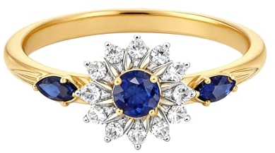 LONAGO S925/9K/14K/18K Gold Flower Starburst Ring for Women with Blue Sapphire and Moissanite | Marquise, Round & Pear Shape Engagement, Wedding, Anniversary, Valentine's Day Fine Ring(yellow gold)