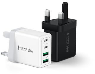 Tupneuf [2-Pack] 60W Type C Charging Plug, 4-Port Multi Mains USBC Wall Charger UK, 30W Dual Port PD Power Adapter(5V/3A, 9V/3A, 12V/2.5A) Fast Charge for iPhone 17 16 15 14 13 Pro Max, Black & White