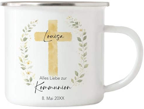 Personalisierte Kommunion Tasse mit Name und Datum, Geschenk Mädchen Goldkreuz Blumenkranz, Andenken Erstkommunion Kind, Kaffeetasse Kommunionsgeschenk Emaille