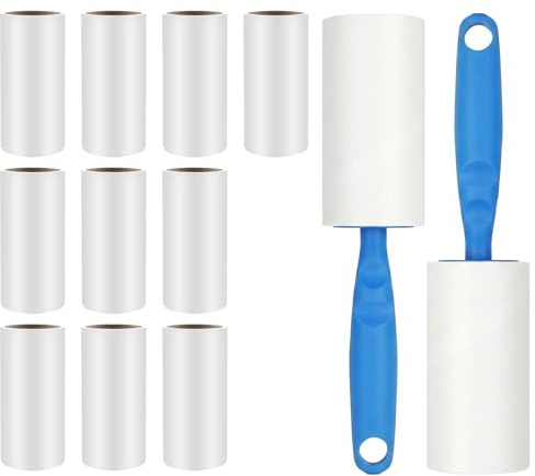 12 Fusselrolle Set, Fusselroller für Kleidung Extra Klebrig, für Sofa, Bett und Teppich, gegen Katzen und Hundehaare, Staub und Fussel, Tierhaarentferner mit 2 Griffen