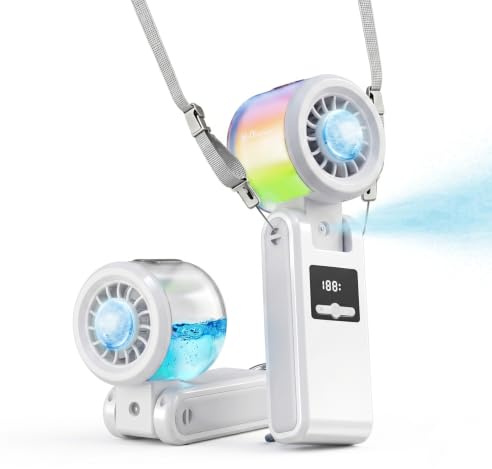 Portable Handheld Misting Fan with Cooling Plate & Ambient Lights, Personal Hand Mister Fan Water Spray, 20000RPM Mini Turbo Neck Fans Rechargeable, 199 Speeds, Detachable Water Tank for Travel Beach