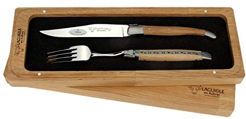 Laguiole en Aubrac - 1 Steakmesser und 1 Gabel als Besteck Set - Griff Eichen-Holz - Original Frankreich mit Zertifikat