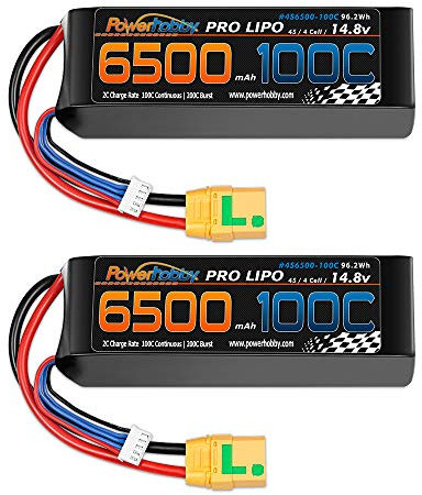 PowerHobby 4S - Batería de Ion de Litio (14,8 V, 6500 mAh, 100 C-200 C, 2 Unidades, Conector XT90, antichispas, Compatible con Arrma Kraton Nero Tyhpon Senton Tailon Outcast Fazon)