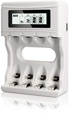 CITYORK 4Bay/Slots AA/AAA LCD Battery Charger with USB Charger for AA AAA Rechargeable Batteries Ni-MH Ni-CD (White)