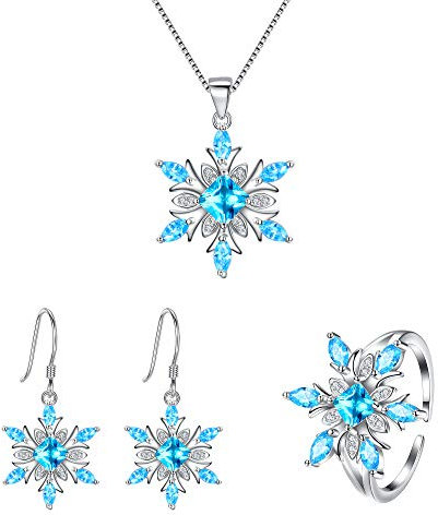 EVER FAITH Schneeflocke Schmuckset 925 Sterling Silber Klar CZ Winter Schnee Anhänger Halskette Haken Ohrringe Einstellbar Ring Set