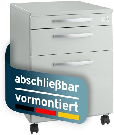 Rollcontainer mit Schubladen, abschließbar & vormontiert, Aktenschrank mit Utensilienauszug, Büroschrank, Schreibtisch Schrank, Büro Unterschrank Hängeregisterauszug, Schubladenschrank, lichtgrau