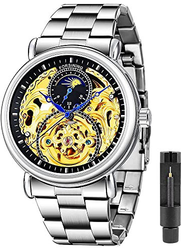 Herren-Armbanduhr, luxuriös, mechanisch, Edelstahl, wasserdicht, schwarz, automatische Selbstaufziehung, Armbanduhr für Herren, S1125-Silber&Gold, Mechanisch