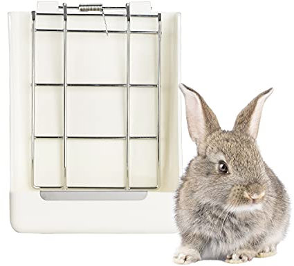 Kikuo Futterstation für Heu (Metallgitter & Plastik), Futterspender für Kaninchen/Chinchillas/Große Meerschweinchen, Näpfe für Haustier & Kleintiere - Weiß